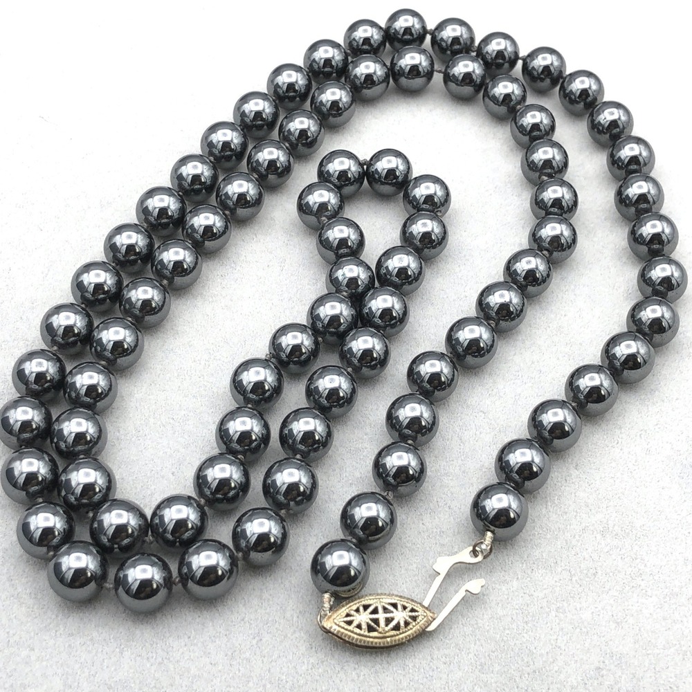 Vintage Hematite Bead Necklace 8mm Knotted 30 in‎ Opera Length Filigree Clasp